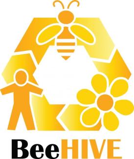 BeeHive logo: hexagonal process chart of people, bees and flowers in golden colour